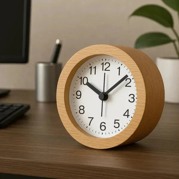 Lautloser Holz-Wecker mit LED-Nachtlicht – Buchenholz, kein Ticken, mit Snooze