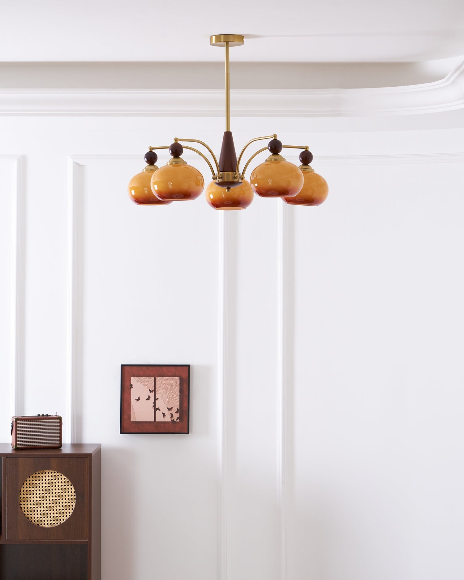 Chandelier Wood Brass 22.8 in 3 5 8 Light Dining Room Vintage Ceiling Fixture Glass Shades Adjustable Rod | Thomler