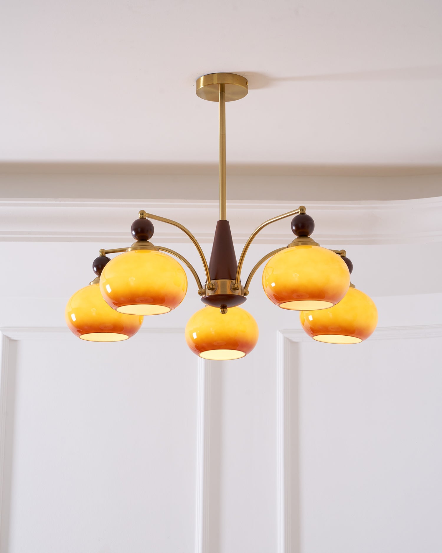 Chandelier Wood Brass 22.8 in 3 5 8 Light Dining Room Vintage Ceiling Fixture Glass Shades Adjustable Rod | Thomler