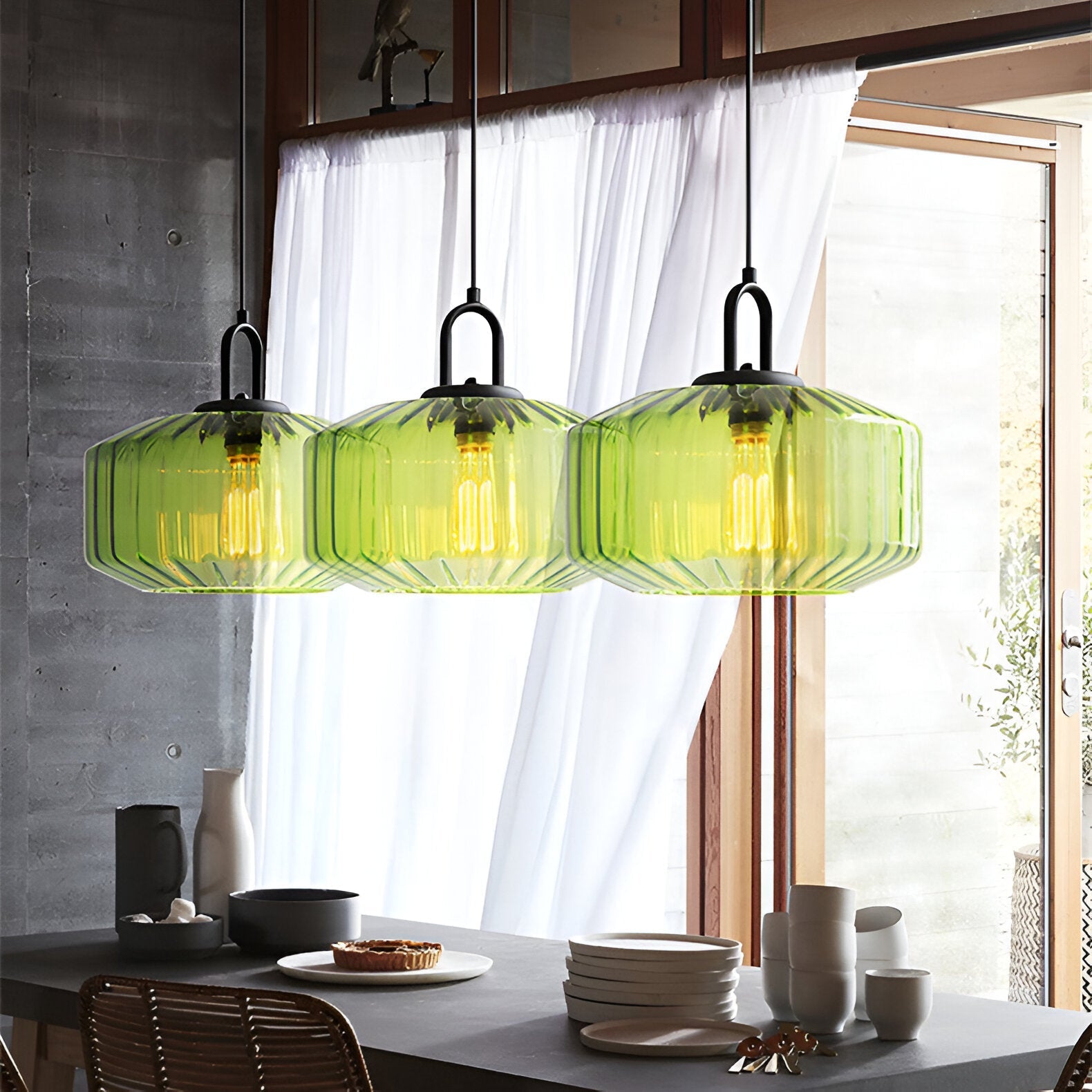 Pendant Light Coloured Glass 28.0 cm Green Dining Room Kitchen Island Adjustable E27 Retro Nordic Hanging Ceiling Lamp | Thomler