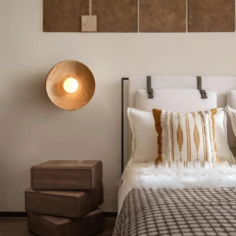 Wall Lamp Wood Glass 27.0 cm Natural Bedroom Hallway Japandi Retro Vintage Ambient Lighting Fixture | Thomler