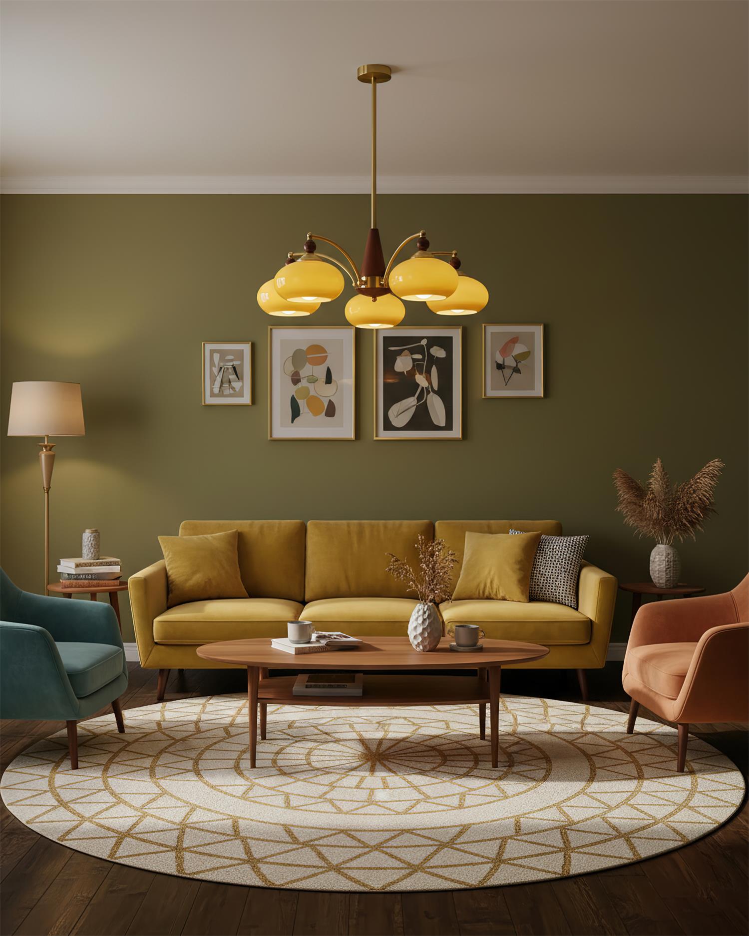Chandelier Wood Brass 22.8 in 3 5 8 Light Dining Room Vintage Ceiling Fixture Glass Shades Adjustable Rod | Thomler