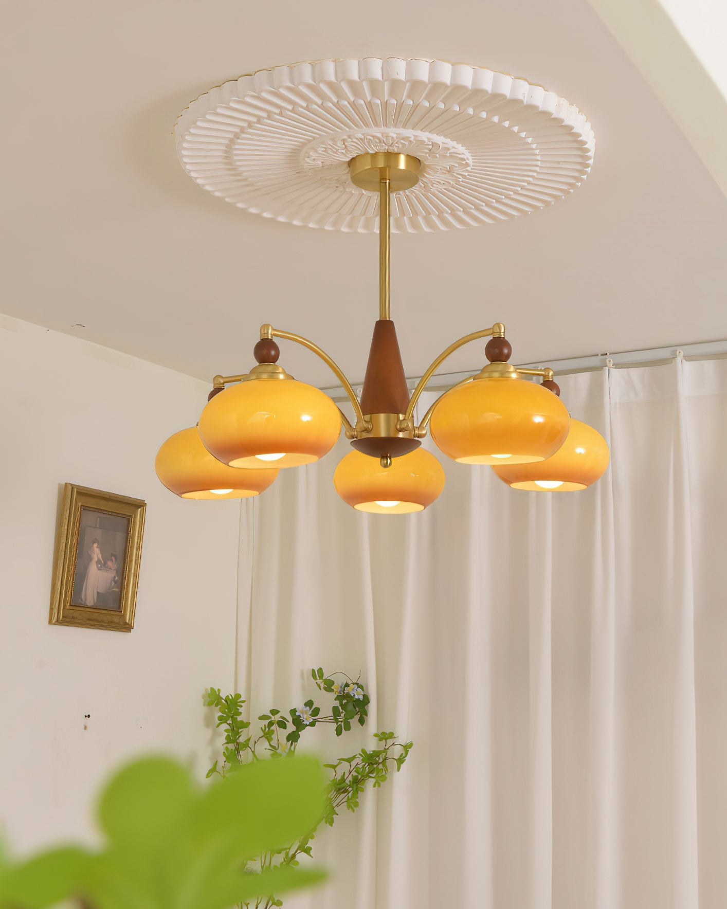 Chandelier Wood Brass 22.8 in 3 5 8 Light Dining Room Vintage Ceiling Fixture Glass Shades Adjustable Rod | Thomler