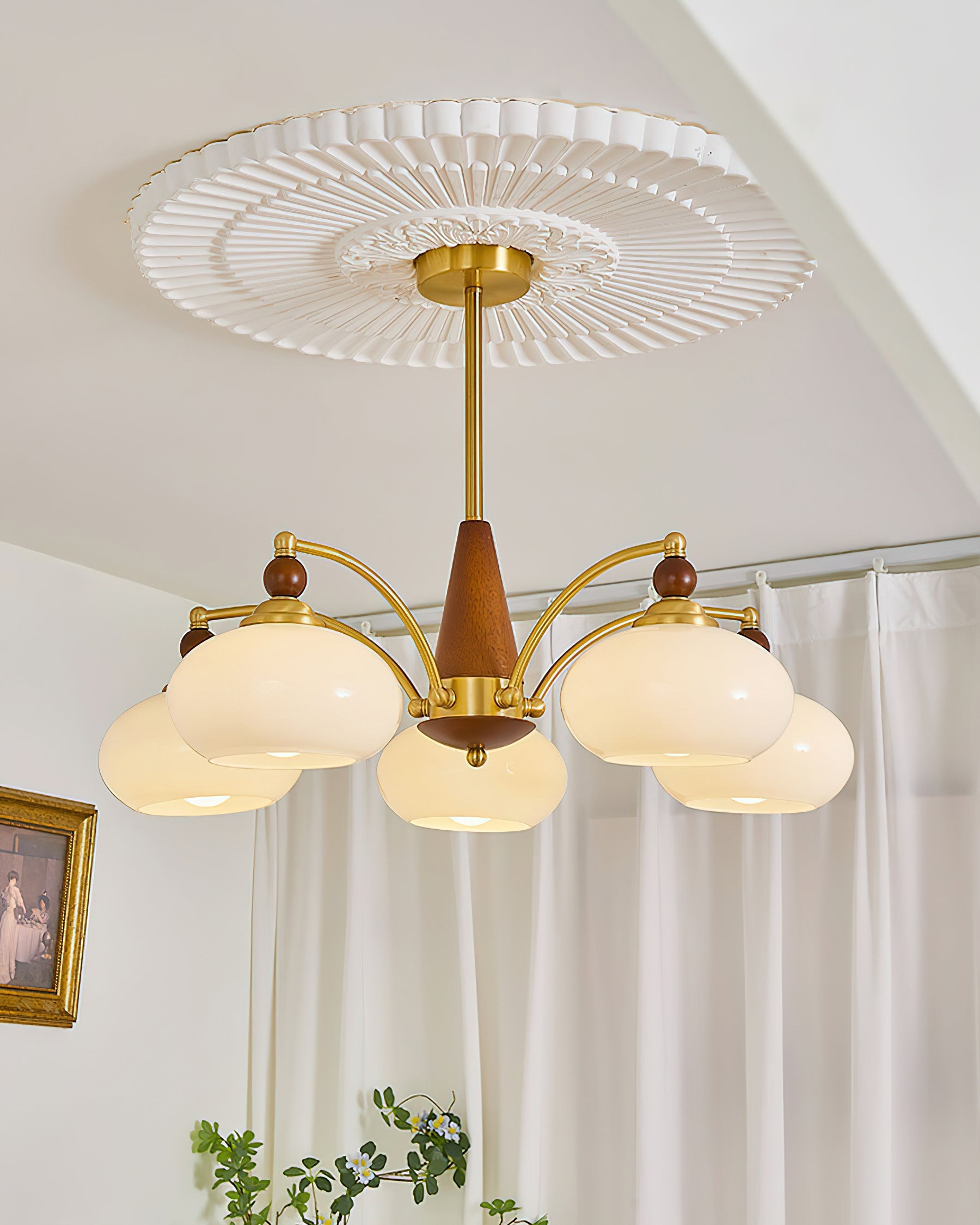 Chandelier Wood Brass 22.8 in 3 5 8 Light Dining Room Vintage Ceiling Fixture Glass Shades Adjustable Rod | Thomler