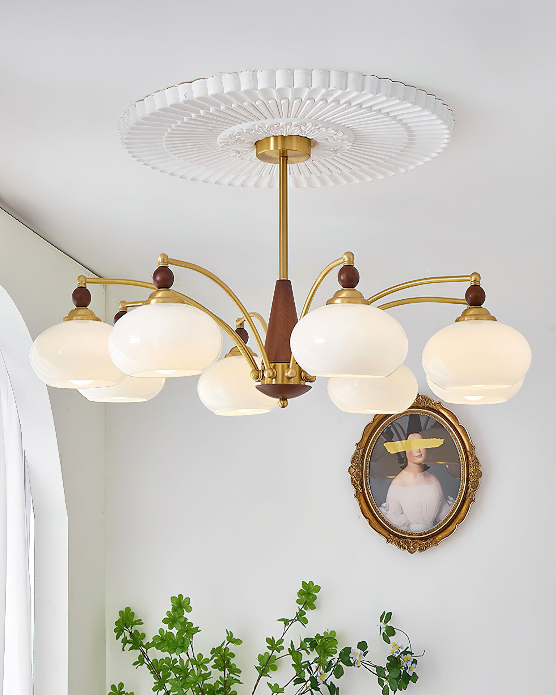 Chandelier Wood Brass 22.8 in 3 5 8 Light Dining Room Vintage Ceiling Fixture Glass Shades Adjustable Rod | Thomler