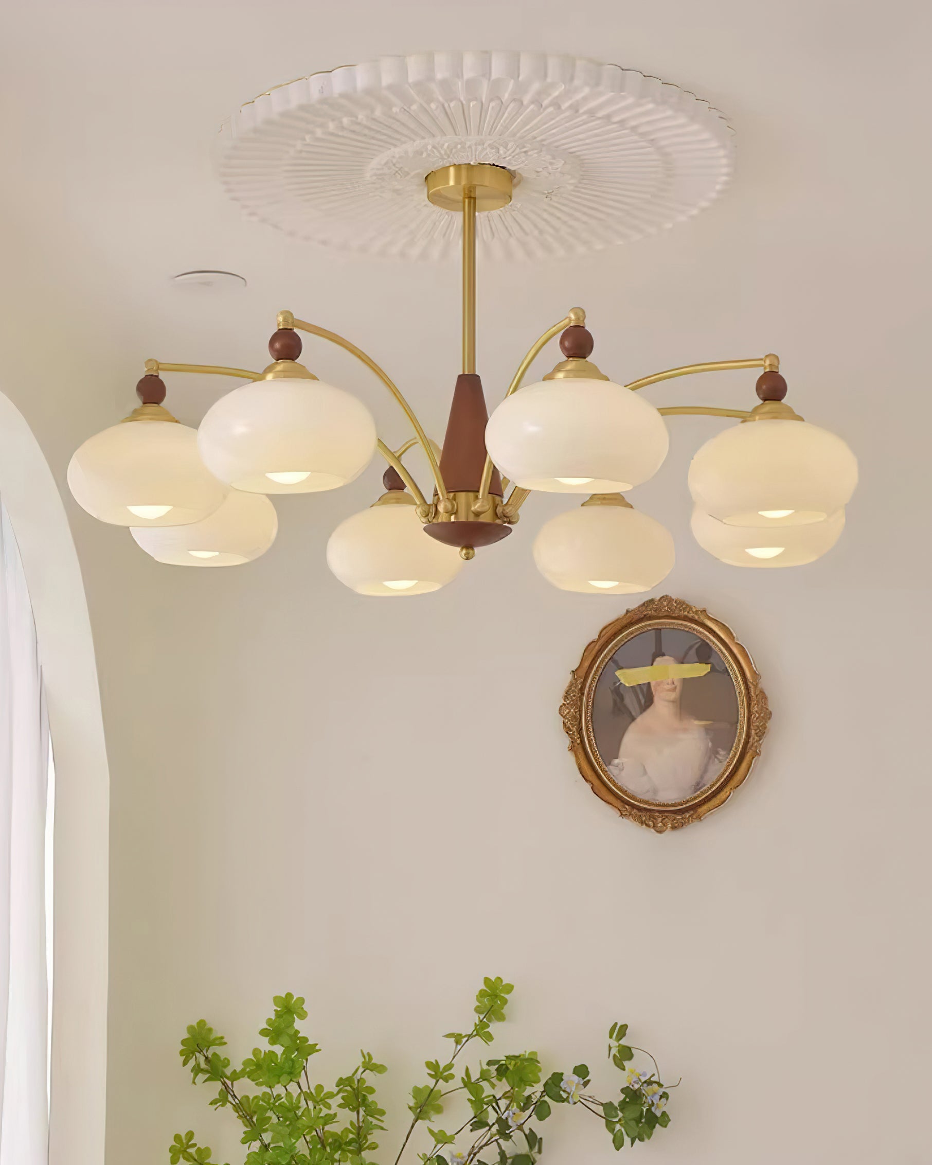Chandelier Wood Brass 22.8 in 3 5 8 Light Dining Room Vintage Ceiling Fixture Glass Shades Adjustable Rod | Thomler