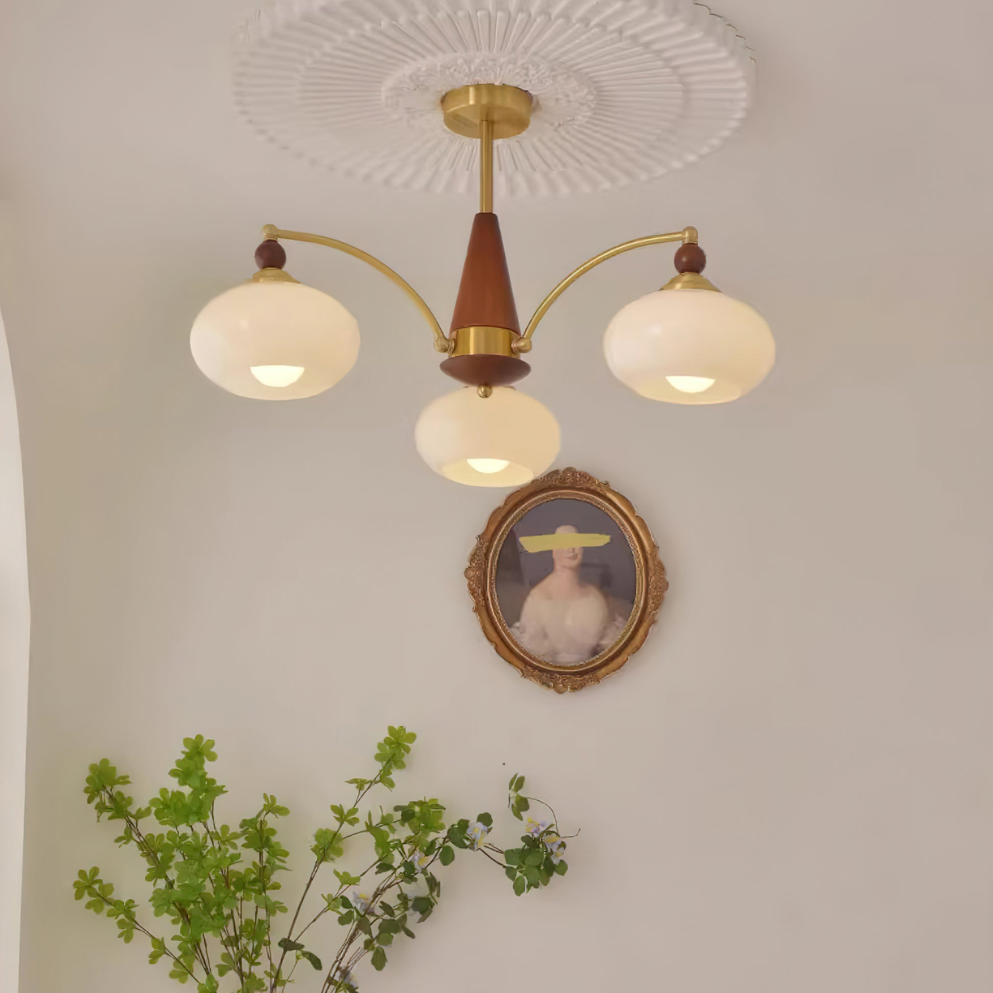Chandelier Wood Brass 22.8 in 3 5 8 Light Dining Room Vintage Ceiling Fixture Glass Shades Adjustable Rod | Thomler