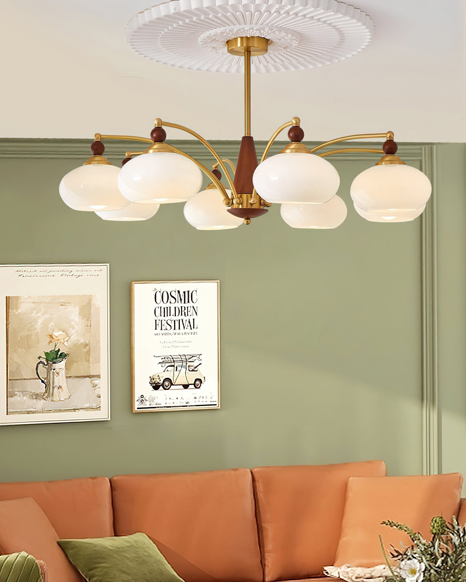 Chandelier Wood Brass 22.8 in 3 5 8 Light Dining Room Vintage Ceiling Fixture Glass Shades Adjustable Rod | Thomler