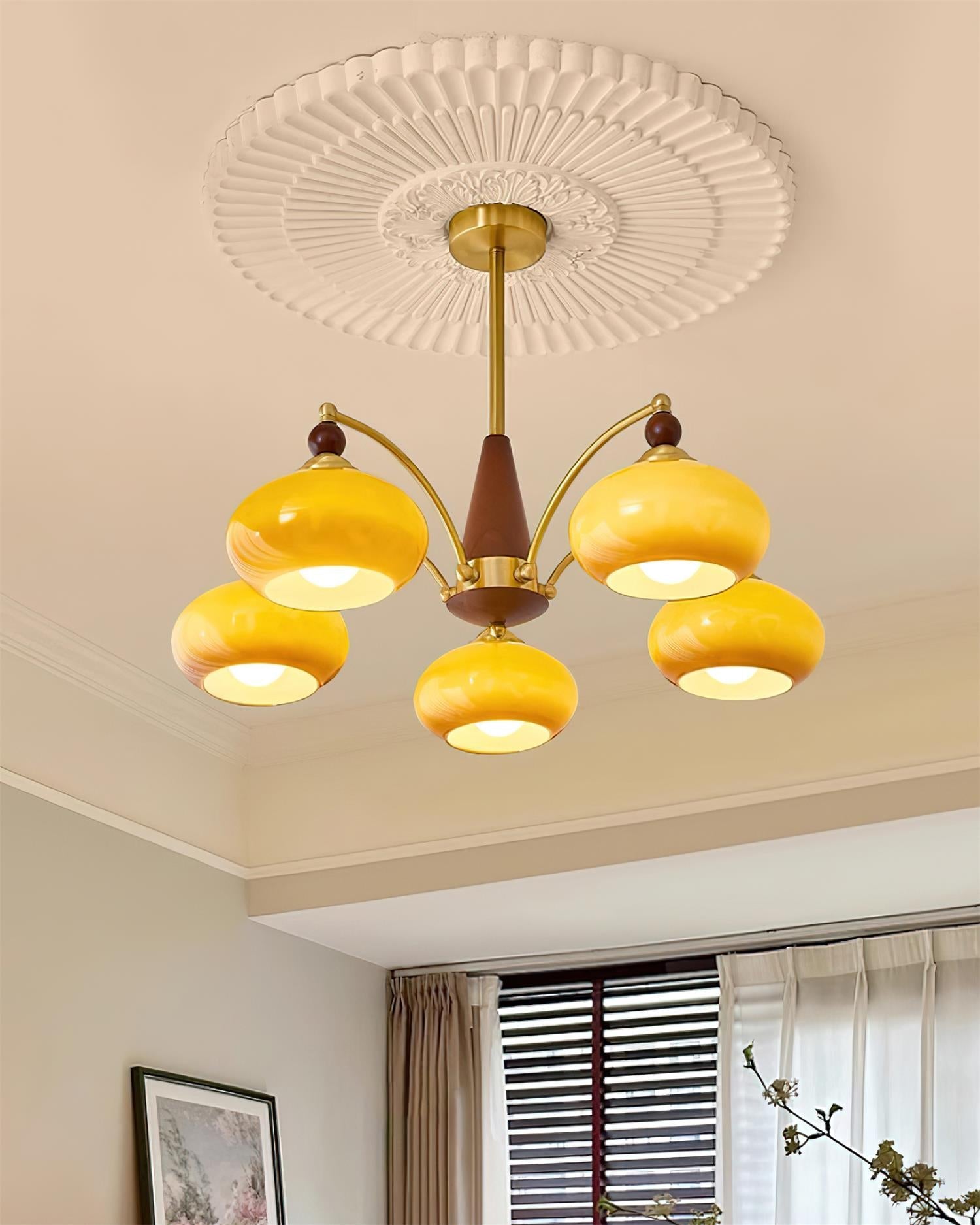 Chandelier Wood Brass 22.8 in 3 5 8 Light Dining Room Vintage Ceiling Fixture Glass Shades Adjustable Rod | Thomler