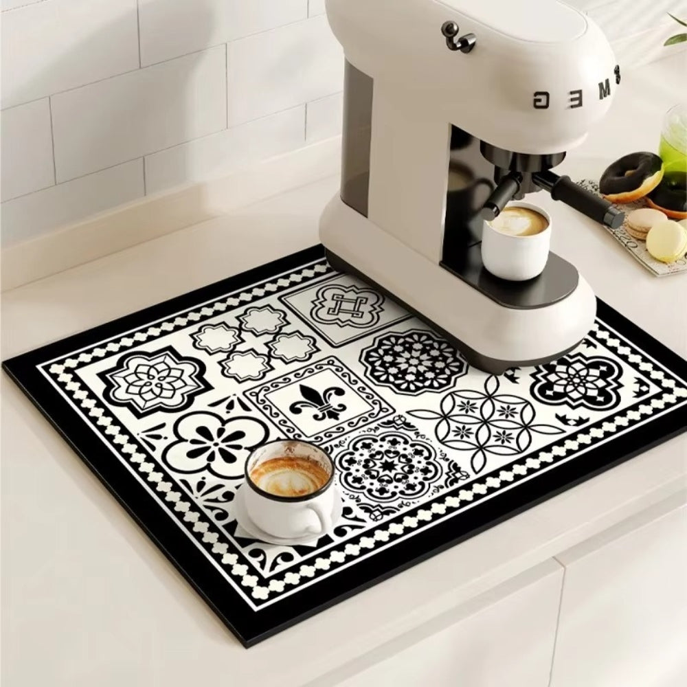Vintage-Inspired Quick-Dry Kitchen Counter Mat for Coffee Bars, Dish Drying & Sink Areas – Absorbent Non-Slip Rubber Base – Decorative | Thomler