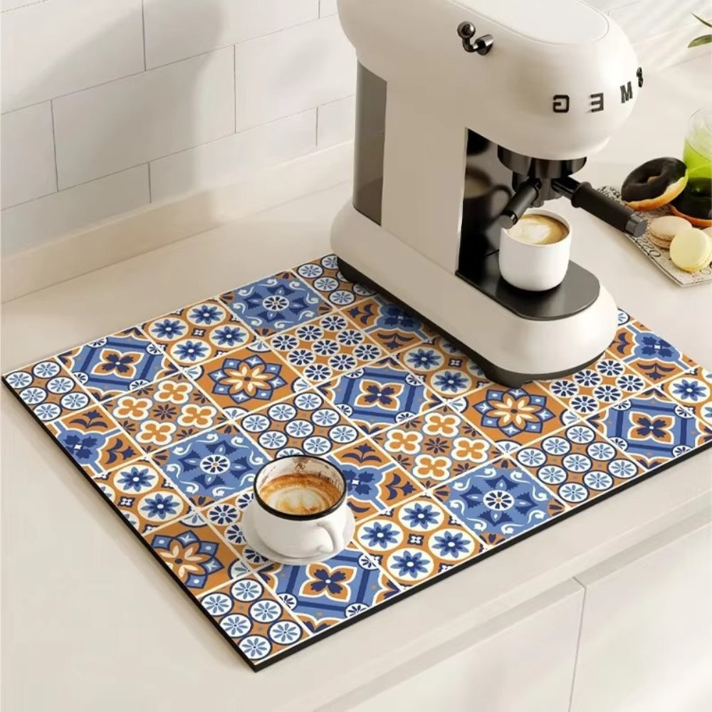 Vintage-Inspired Quick-Dry Kitchen Counter Mat for Coffee Bars, Dish Drying & Sink Areas – Absorbent Non-Slip Rubber Base – Decorative | Thomler