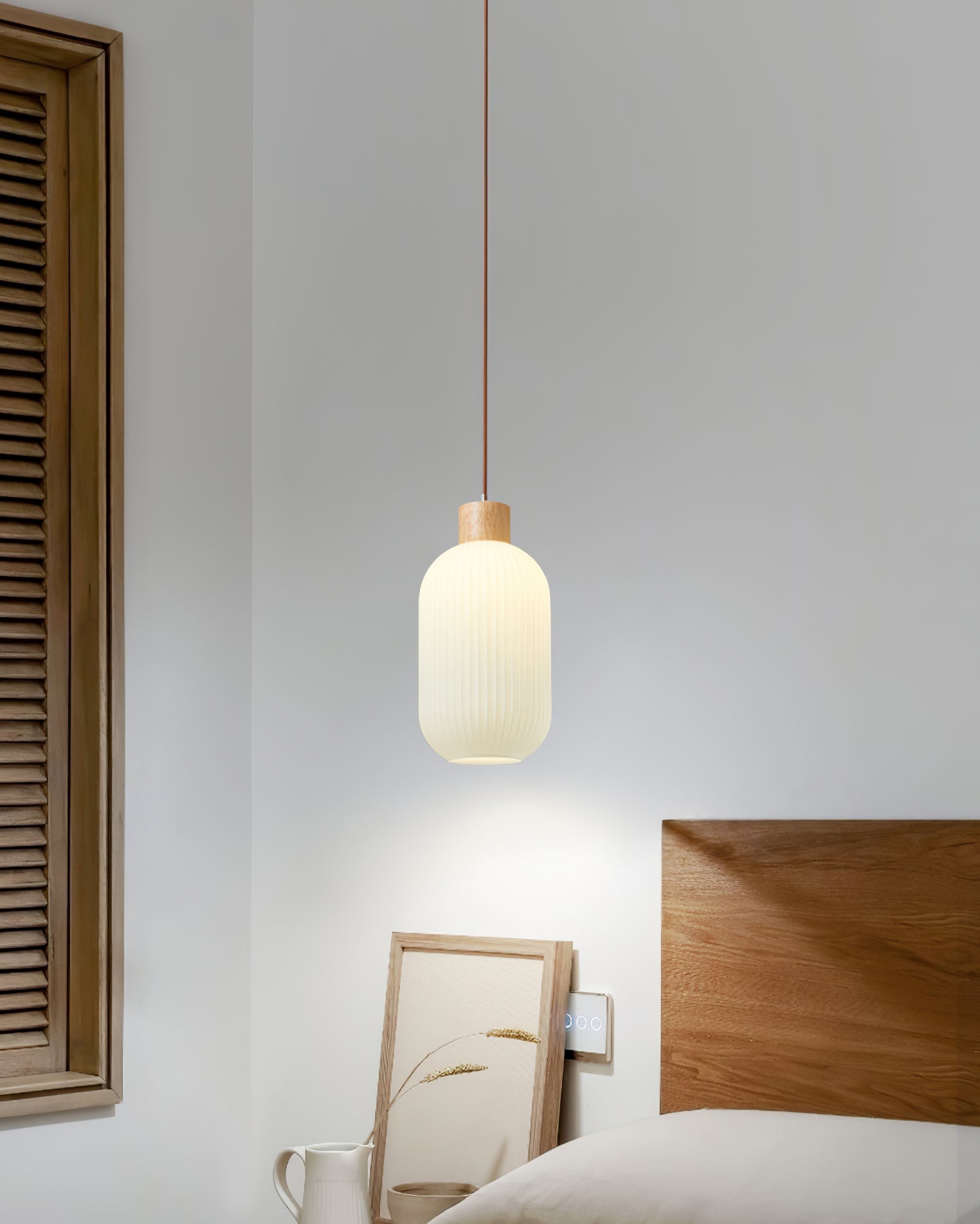 Pendant Light Wood Glass 16.1 in Modern Indoor Ceiling Fixture White LED Edison Compatible | Thomler