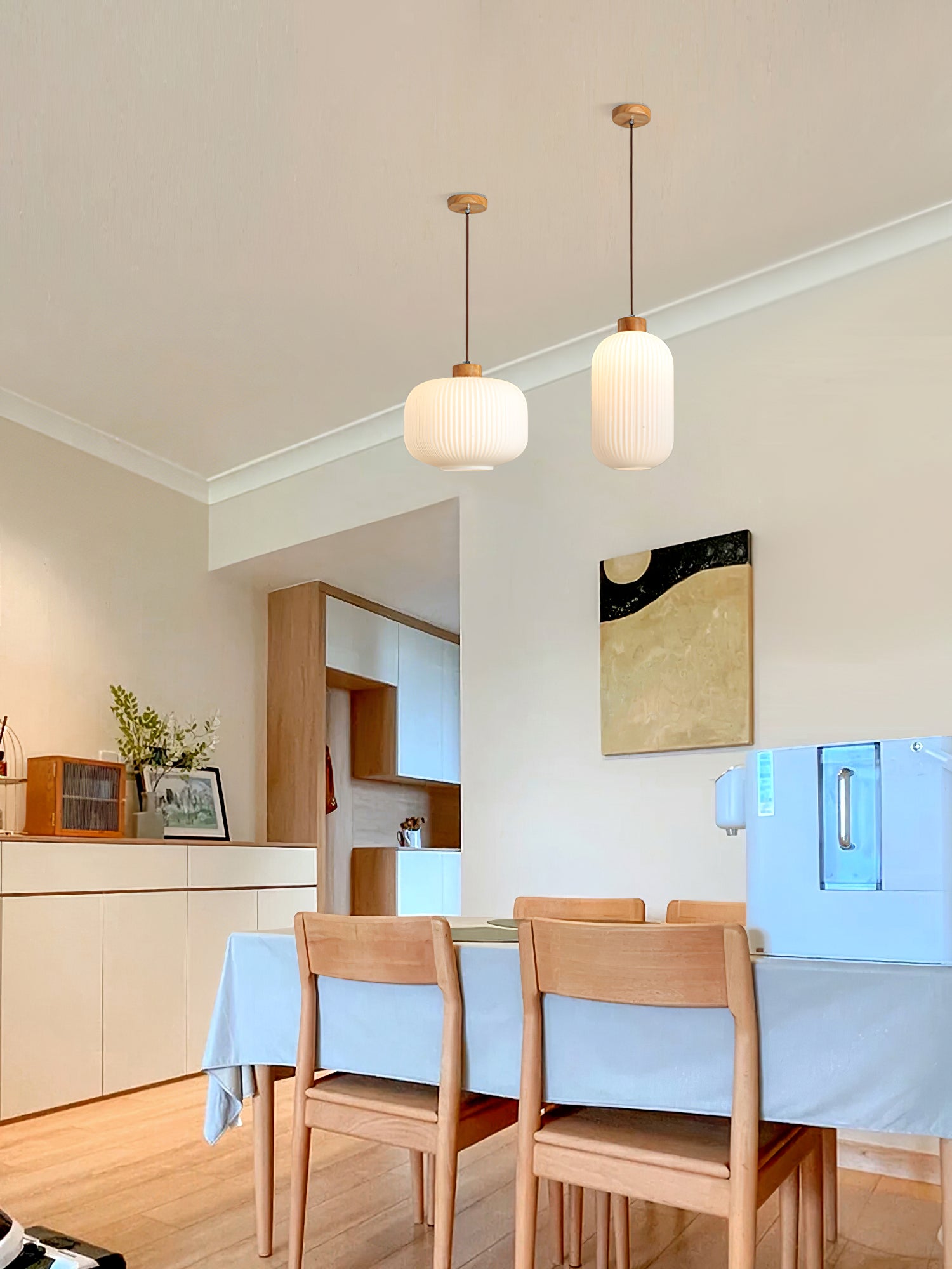 Pendant Light Wood Glass 16.1 in Modern Indoor Ceiling Fixture White LED Edison Compatible | Thomler