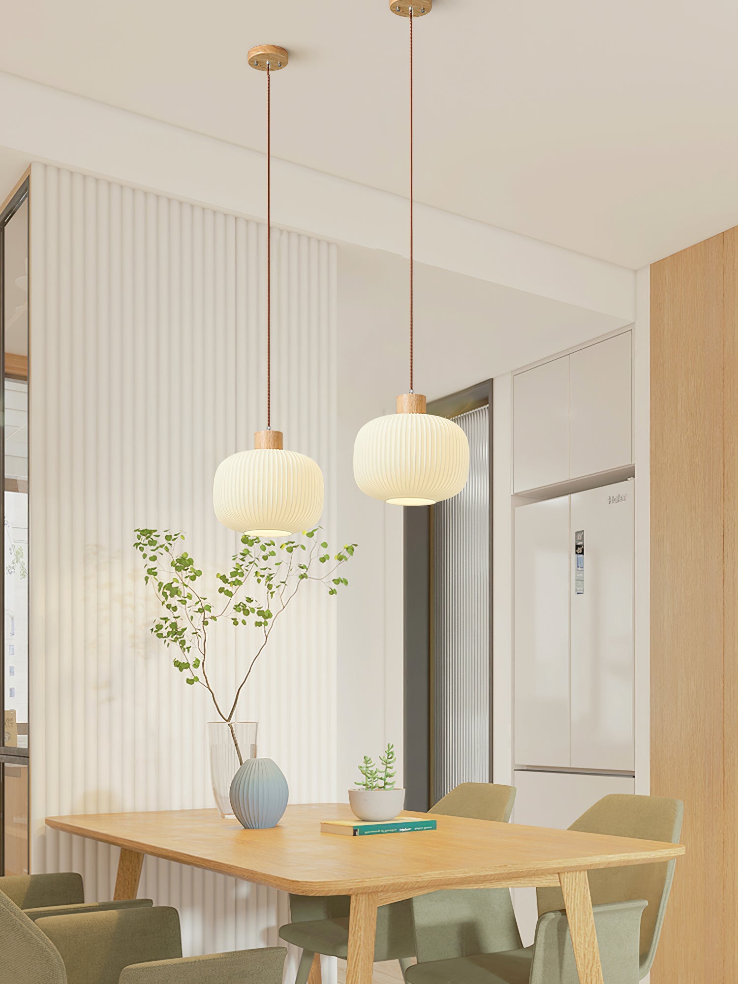 Pendant Light Wood Glass 16.1 in Modern Indoor Ceiling Fixture White LED Edison Compatible | Thomler