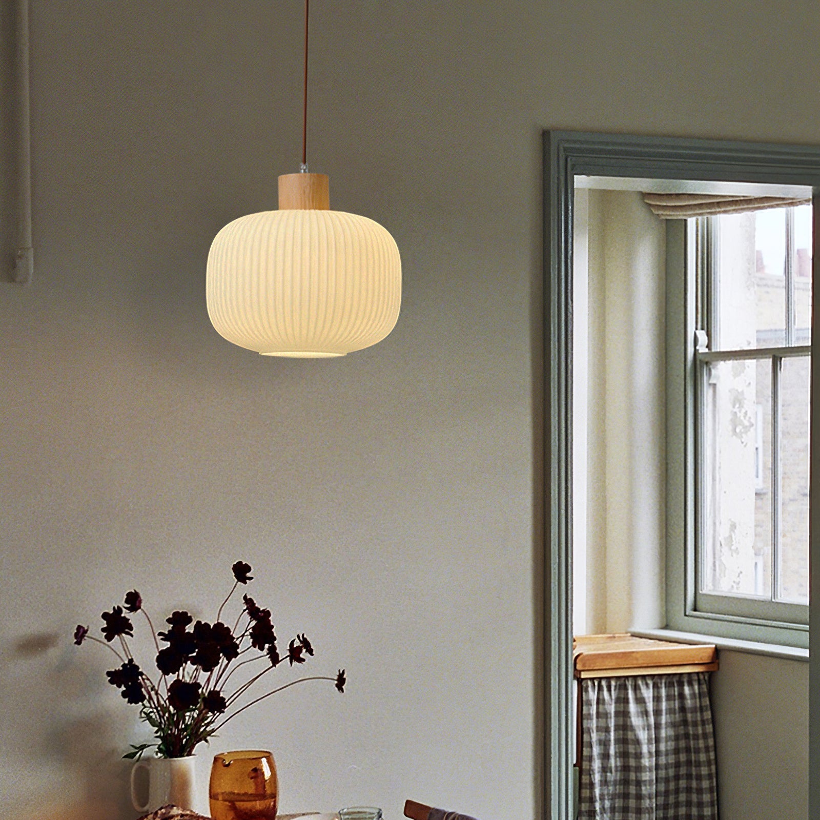 Pendant Light Wood Glass 16.1 in Modern Indoor Ceiling Fixture White LED Edison Compatible | Thomler