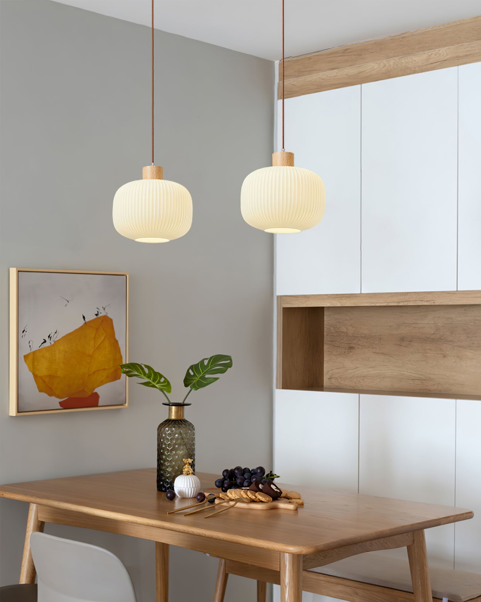 Pendant Light Wood Glass 16.1 in Modern Indoor Ceiling Fixture White LED Edison Compatible | Thomler