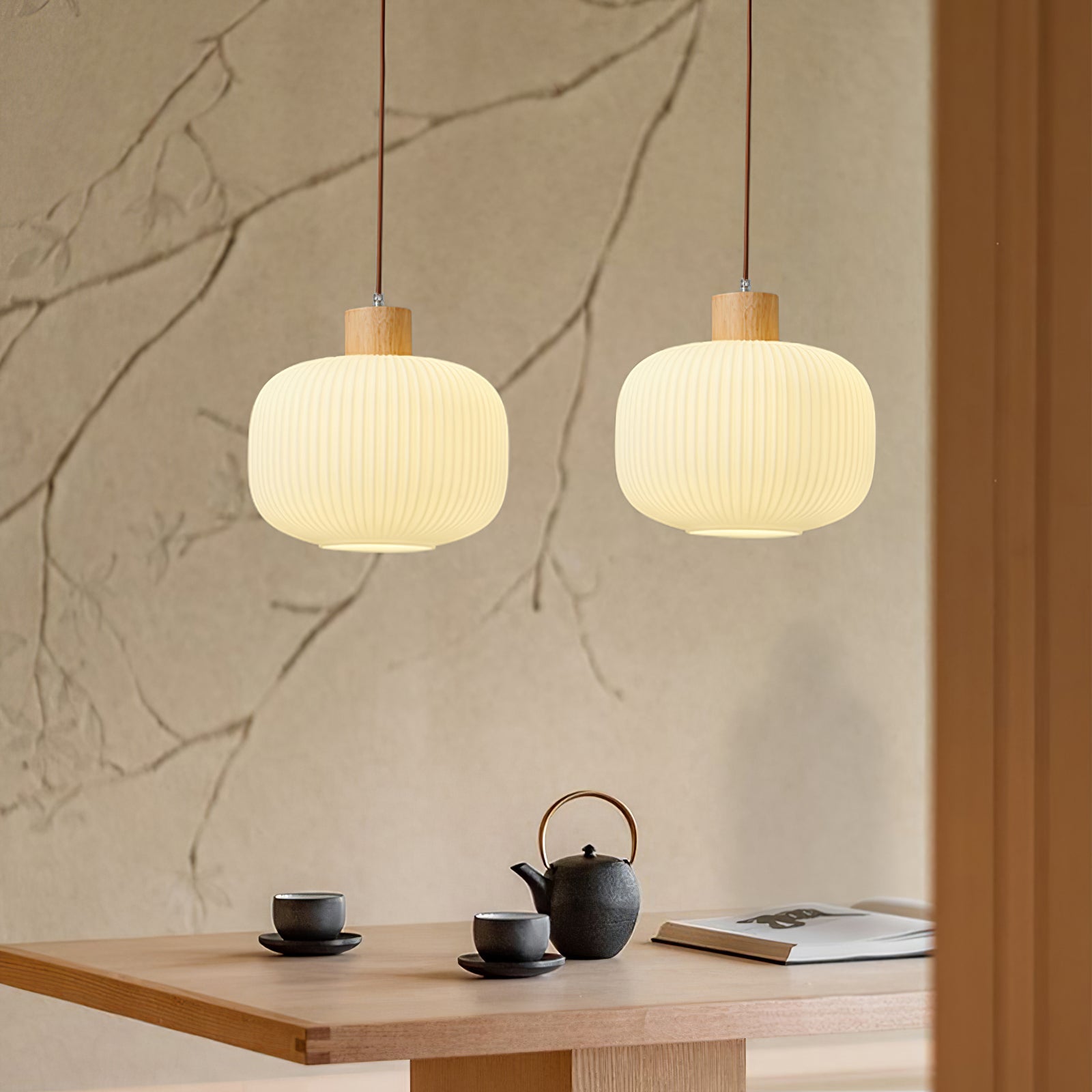 Pendant Light Wood Glass 16.1 in Modern Indoor Ceiling Fixture White LED Edison Compatible | Thomler