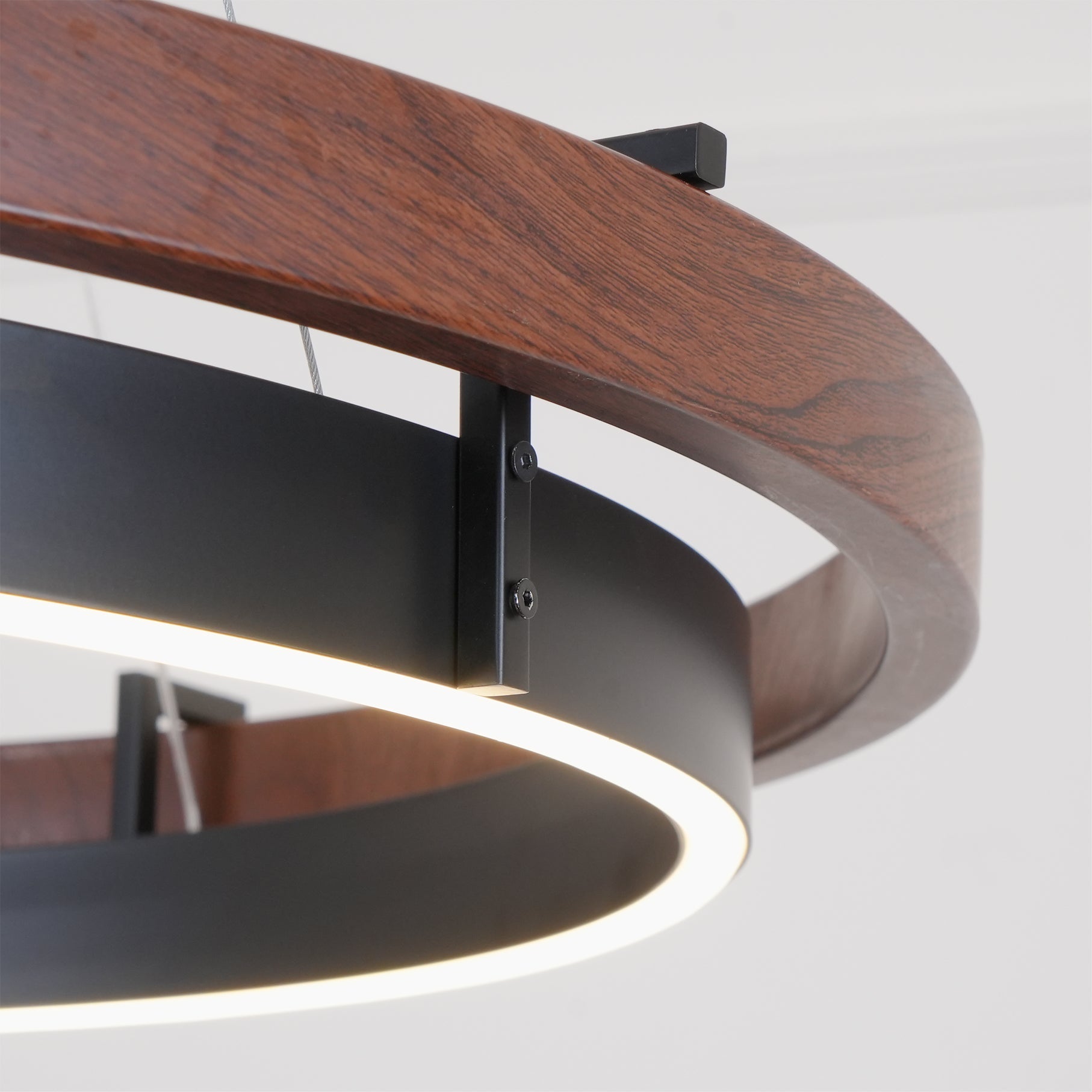 Chandelier LED Double Ring 23.6 in Ceiling Light Walnut Black Modern Living Room Dining Hanging Fixture | Thomler