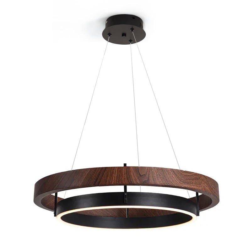 Chandelier LED Double Ring 23.6 in Ceiling Light Walnut Black Modern Living Room Dining Hanging Fixture | Thomler