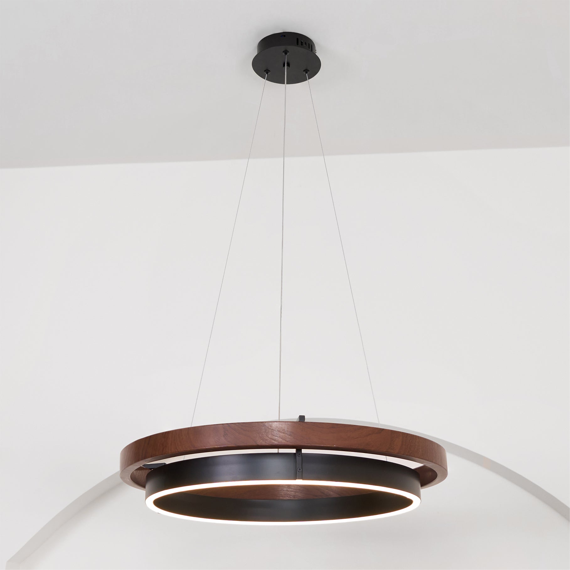 Chandelier LED Double Ring 23.6 in Ceiling Light Walnut Black Modern Living Room Dining Hanging Fixture | Thomler