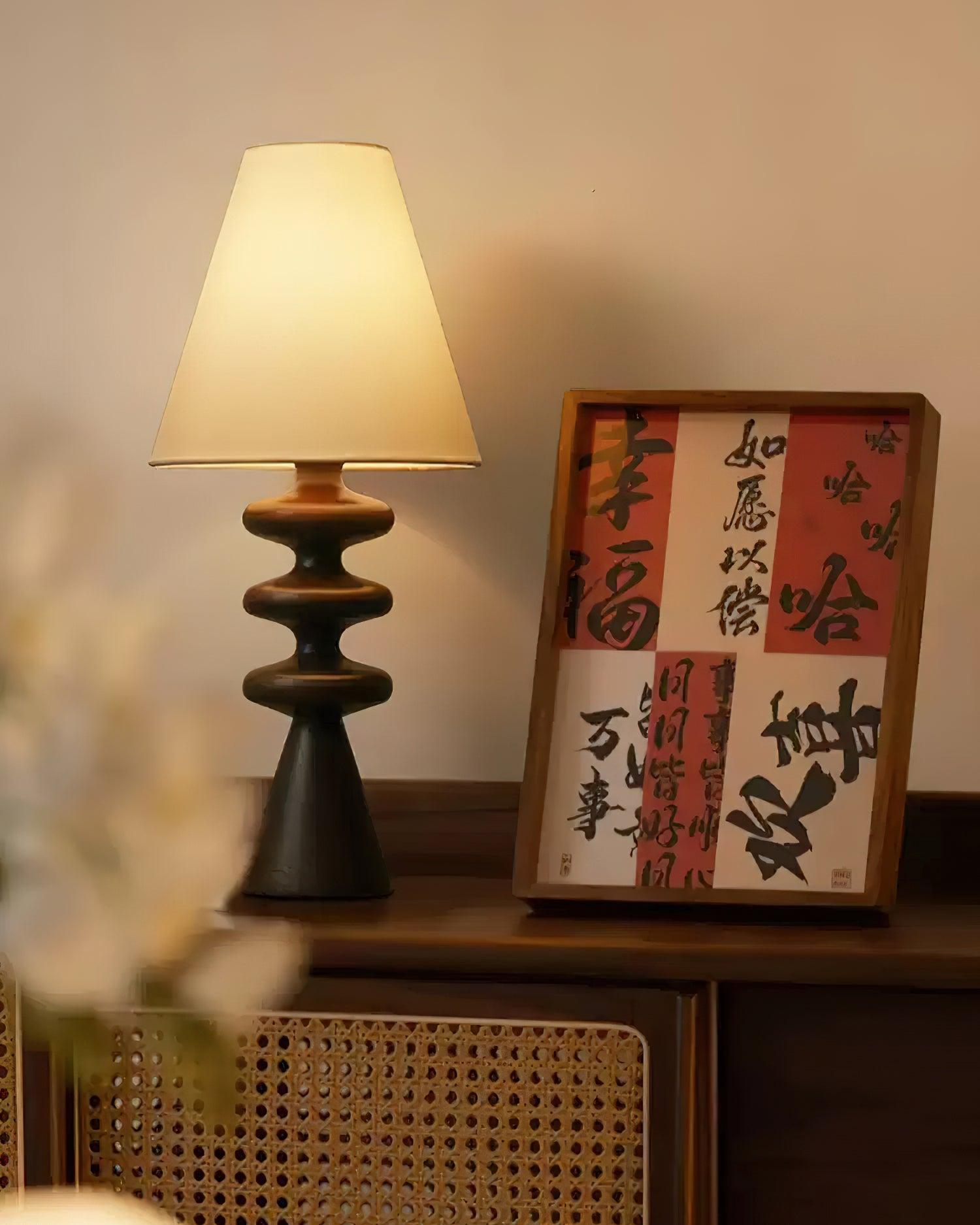 Sculptural Wood Table Lamp with Fabric Shade 20 Inches Tall for Bedside Reading Light Living Room Desk Accent Nightstand Lighting Modern Hom | Thomler