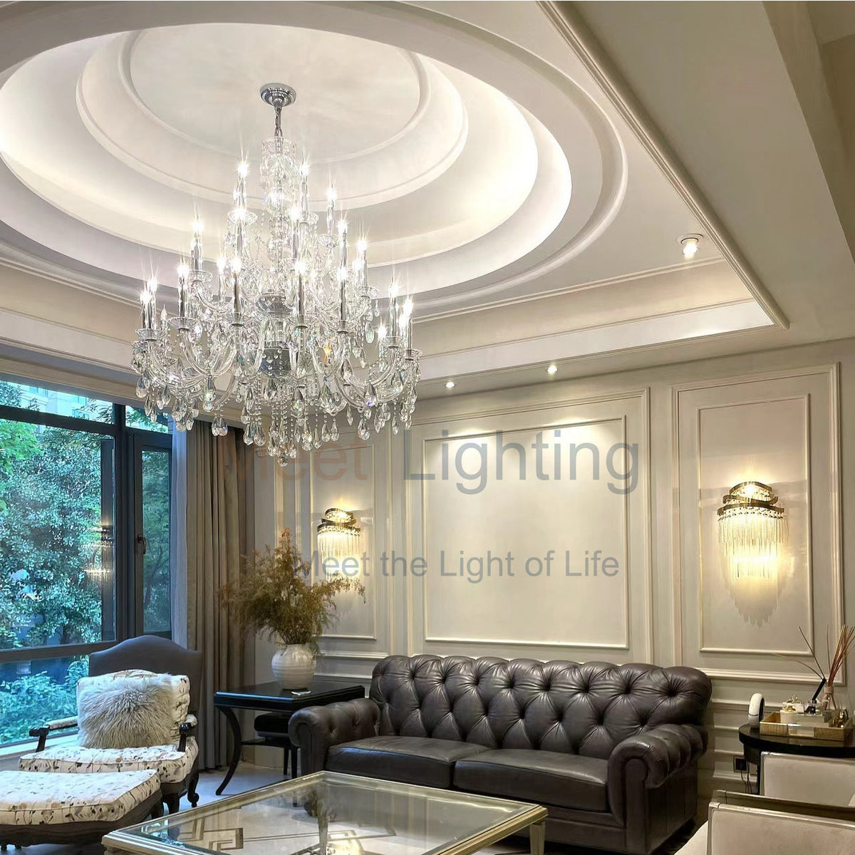 Grand Statement Crystal Chandelier 60 Inch Round Wrought Metal 49-Light Fixture for Foyer Dining Room High Ceiling | Thomler