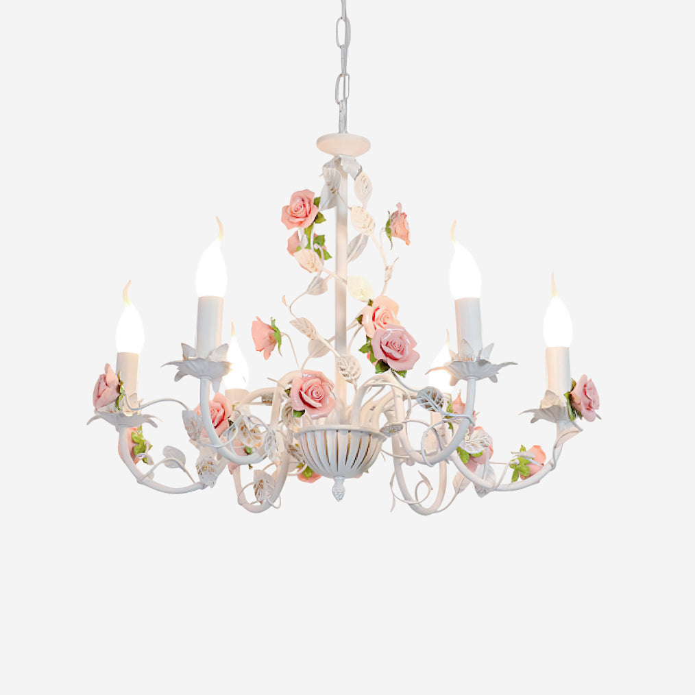 Chandelier Metal Ceramic 30.3 in Multi Arm Pink White Dining Room Ceiling Light Floral Decorative Hanging Fixture | Thomler