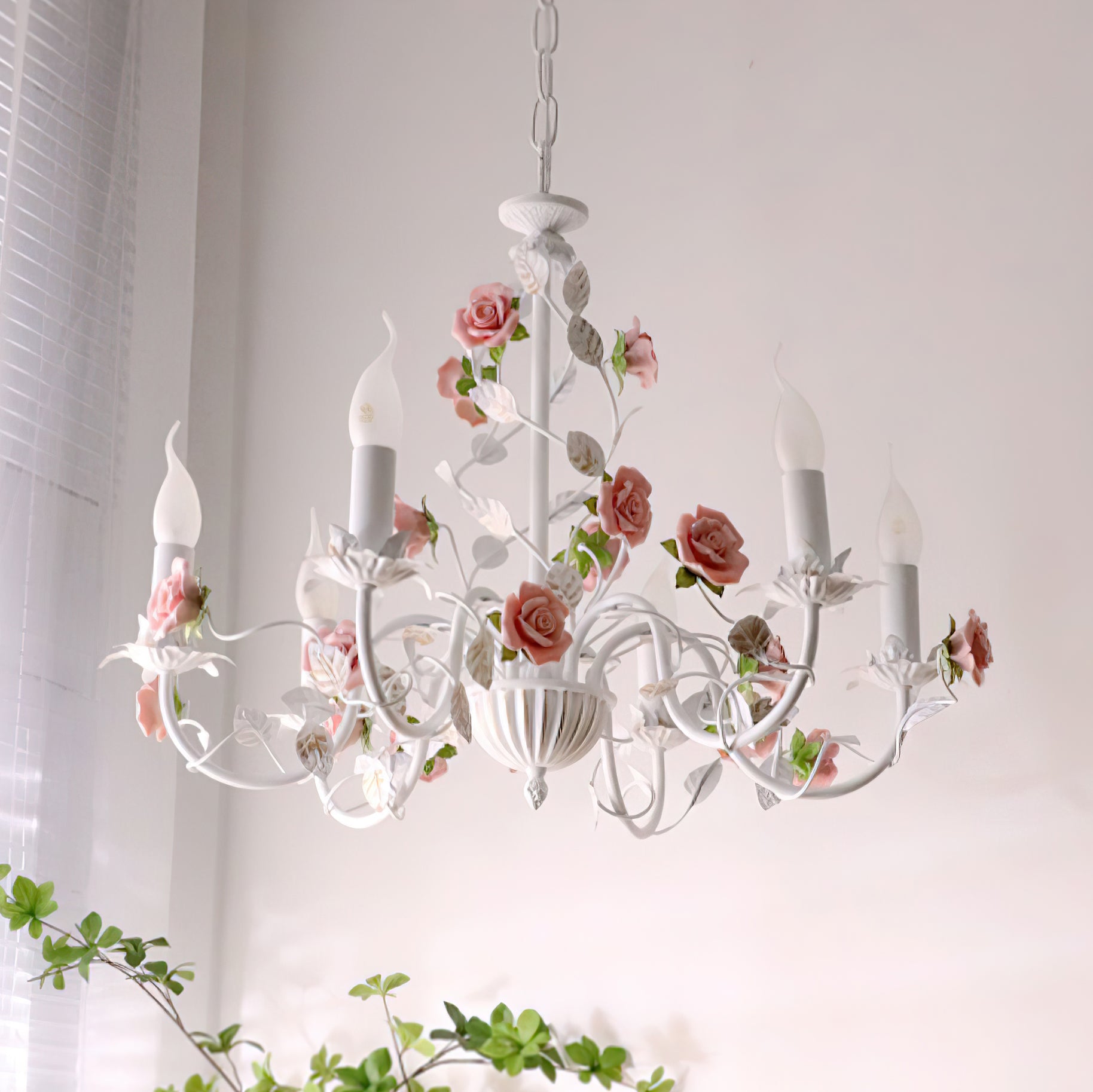 Chandelier Metal Ceramic 30.3 in Multi Arm Pink White Dining Room Ceiling Light Floral Decorative Hanging Fixture | Thomler