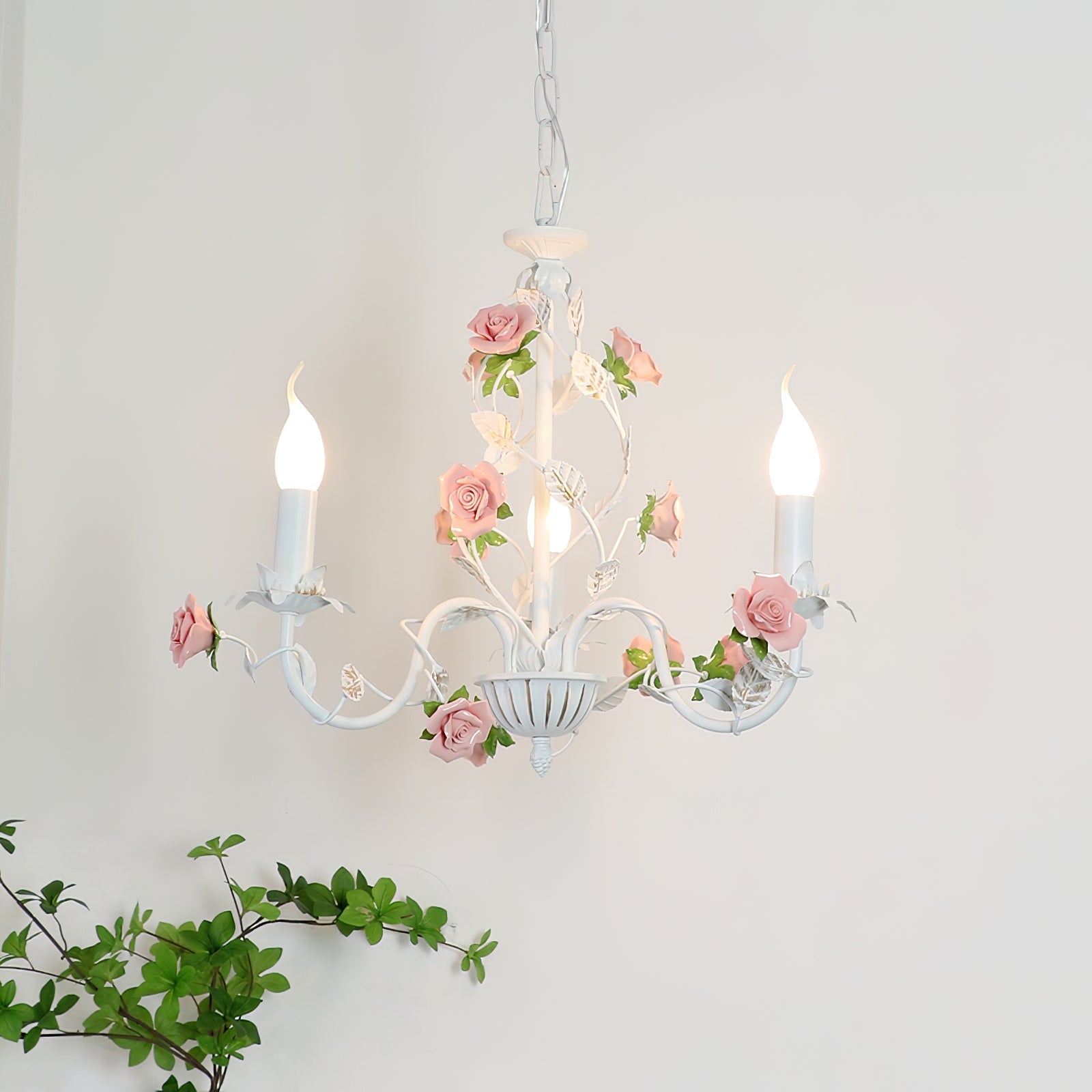 Chandelier Metal Ceramic 30.3 in Multi Arm Pink White Dining Room Ceiling Light Floral Decorative Hanging Fixture | Thomler