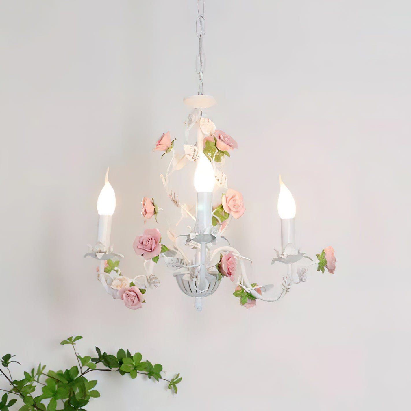 Chandelier Metal Ceramic 30.3 in Multi Arm Pink White Dining Room Ceiling Light Floral Decorative Hanging Fixture | Thomler