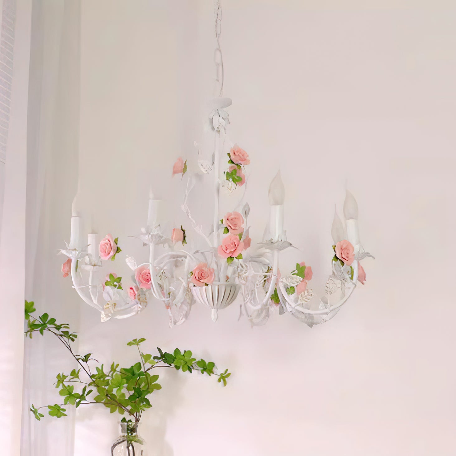 Chandelier Metal Ceramic 30.3 in Multi Arm Pink White Dining Room Ceiling Light Floral Decorative Hanging Fixture | Thomler