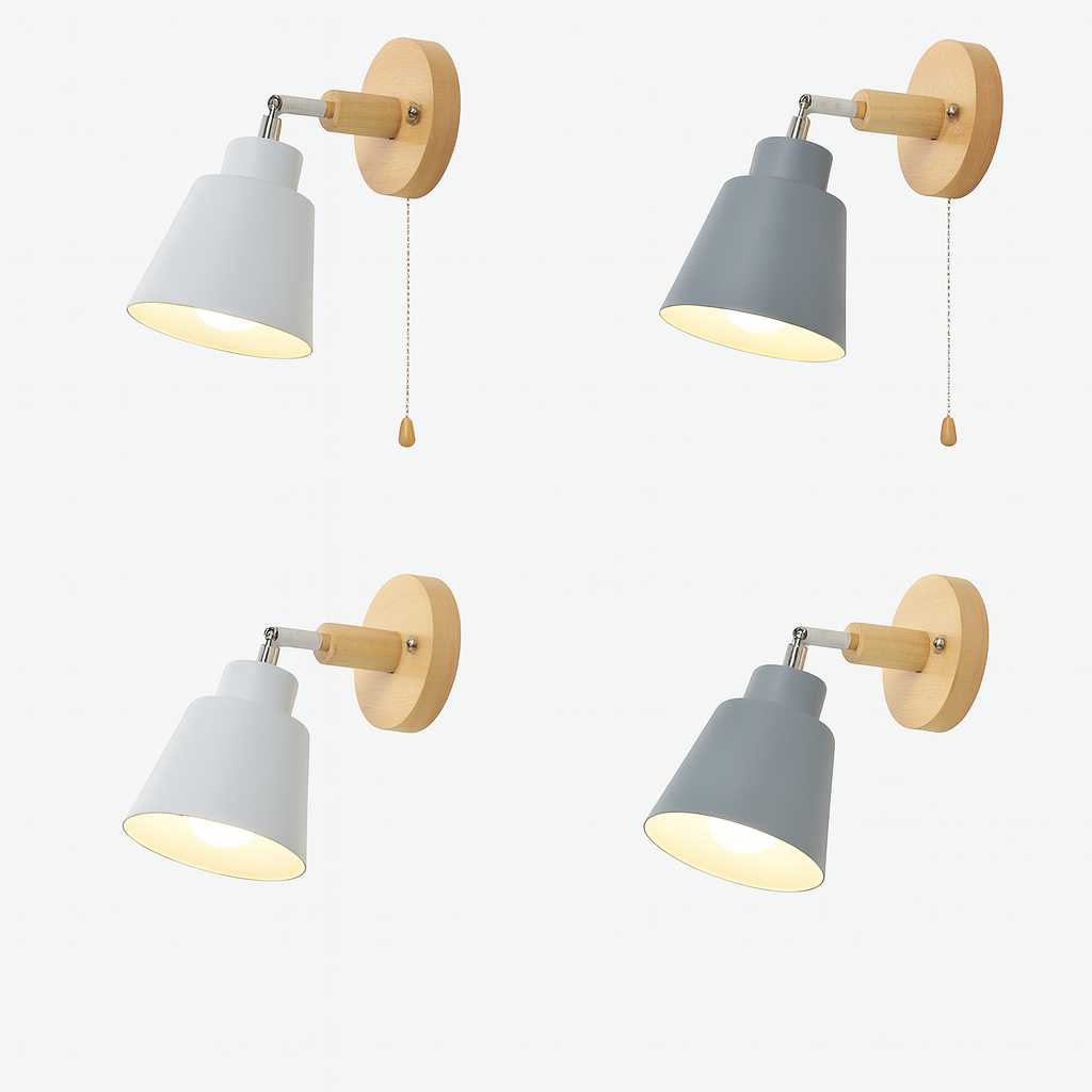Wall Lamp Metal Wood E27 40W Grey Bedroom Reading Rotating Pull Switch Scandinavian Bedside Lighting | Thomler
