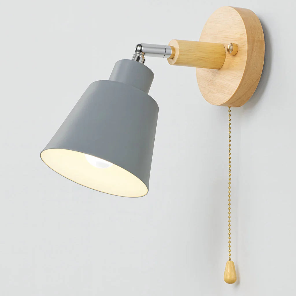 Wall Lamp Metal Wood E27 40W Grey Bedroom Reading Rotating Pull Switch Scandinavian Bedside Lighting | Thomler