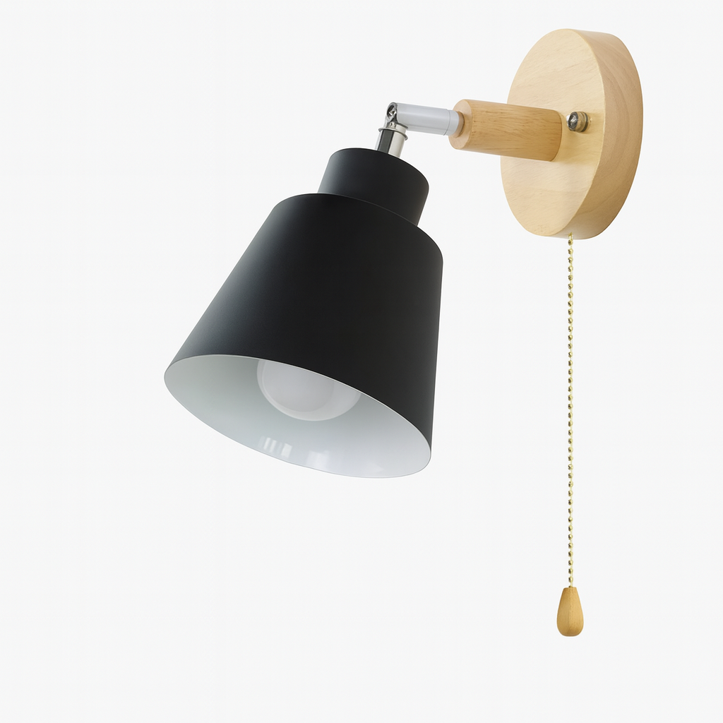 Wall Lamp Metal Wood E27 40W Grey Bedroom Reading Rotating Pull Switch Scandinavian Bedside Lighting | Thomler