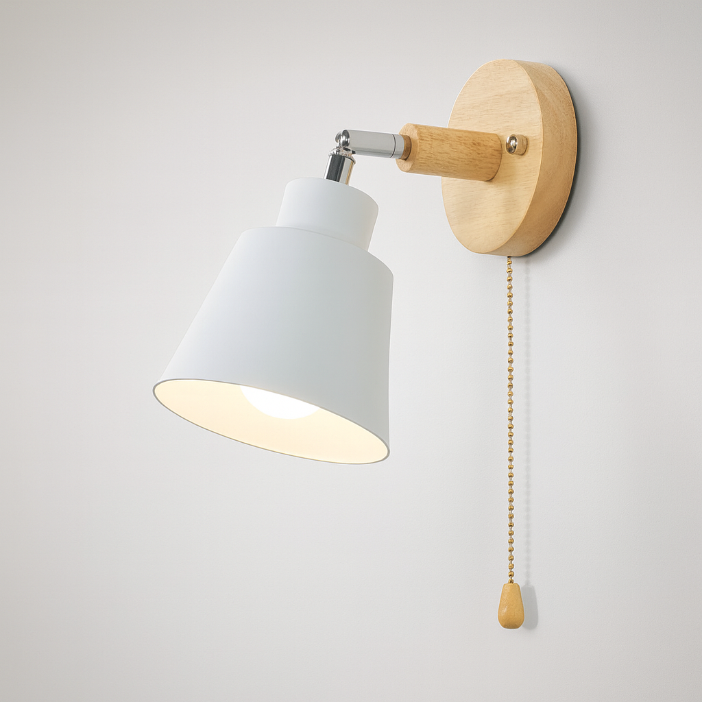 Wall Lamp Metal Wood E27 40W Grey Bedroom Reading Rotating Pull Switch Scandinavian Bedside Lighting | Thomler