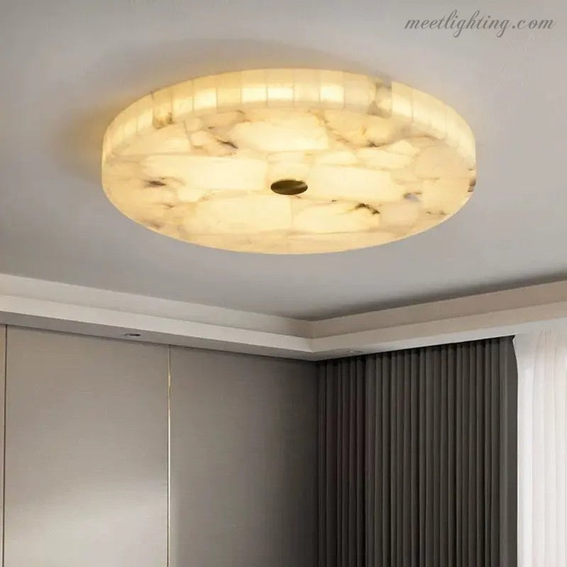 Alabaster Flush Mount Ceiling Light – Natural Stone Fixture for Living Room, Bedroom & Hallway – Round LED Fixture in Brass, Black or Chrome | Thomler