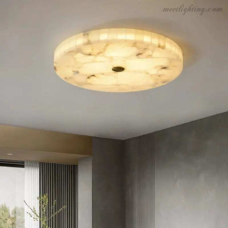 Alabaster Flush Mount Ceiling Light – Natural Stone Fixture for Living Room, Bedroom & Hallway – Round LED Fixture in Brass, Black or Chrome | Thomler