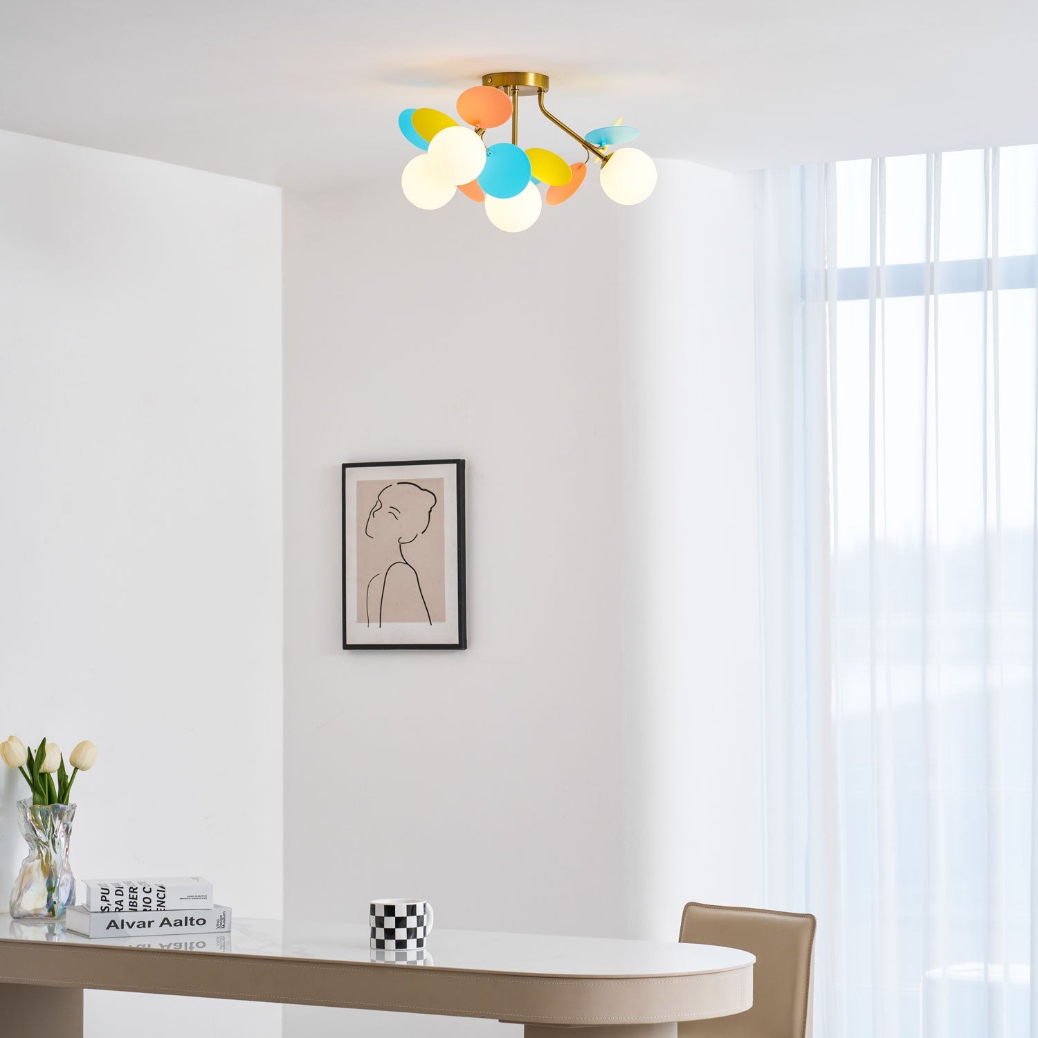 Round Macaron Ceiling Lamp 10 in Metal Acrylic Colorful Flush Mount Lighting Fixture For Bedroom Office Decor Modern Pastel Lighting | Thomler