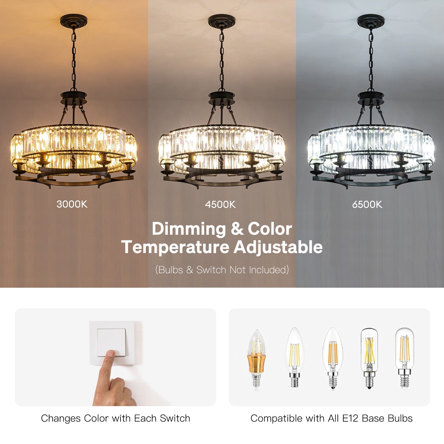 Chandelier Metal K9 Crystal 25.6 in Rustic Dining Room Kitchen Living Room Hanging Light Fixture | Thomler