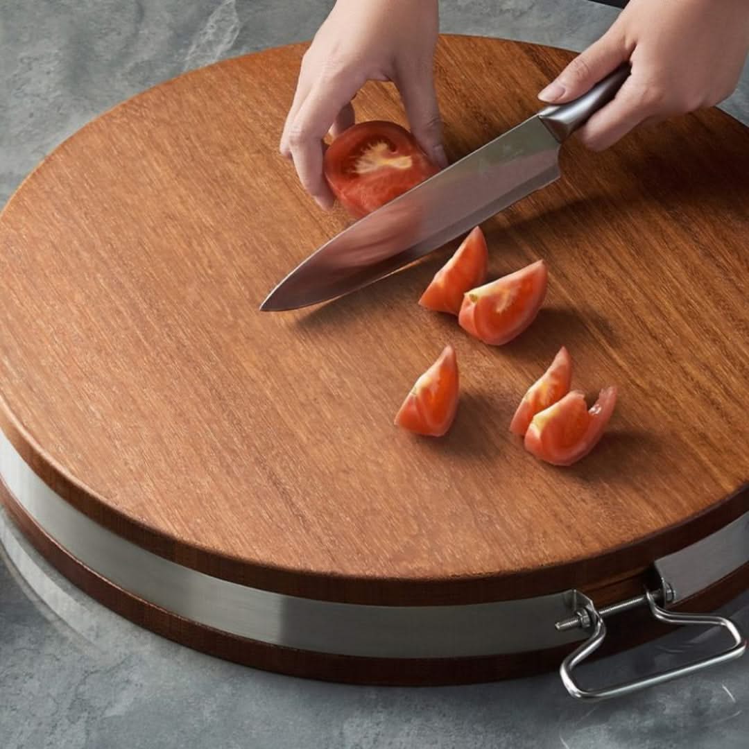 Circular Bamboo Cutting Board with Steel Rim & Handle for Daily Meal Prep, Reversible Kitchen Worksurface, Natural Wood Finish | Thomler