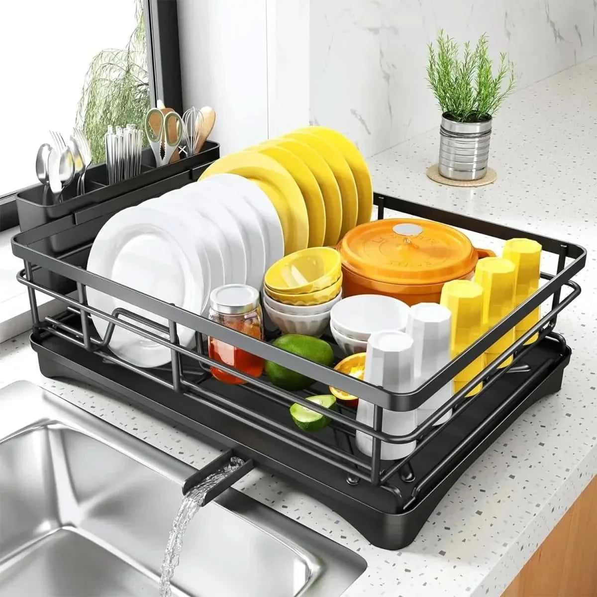 Countertop Dish Rack with Drain Tray & Utensil Holder – Space-Saving Kitchen Organizer for Plates, Bowls & Cutlery | Thomler
