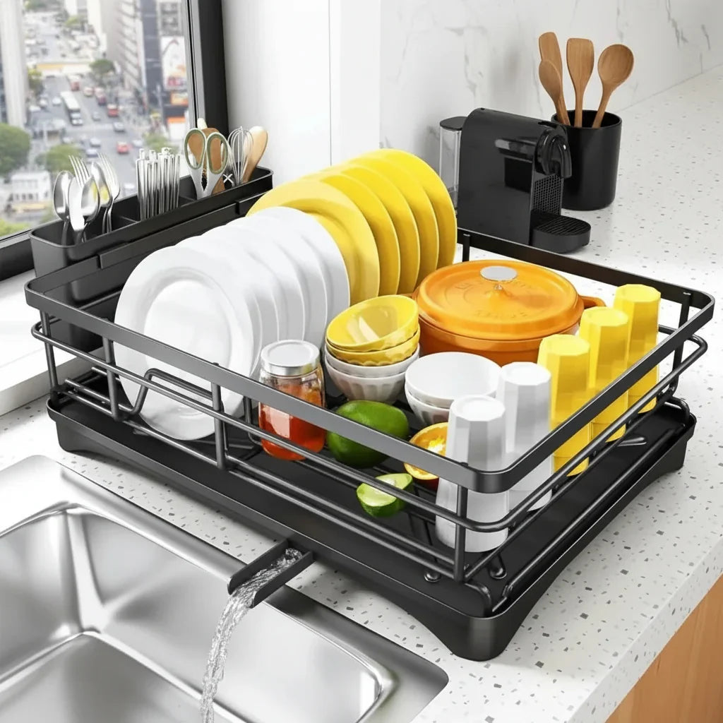 Countertop Dish Drying Rack with Drain Tray & Cutlery Caddy – Steel & Plastic for Kitchen Sink Organization | Thomler
