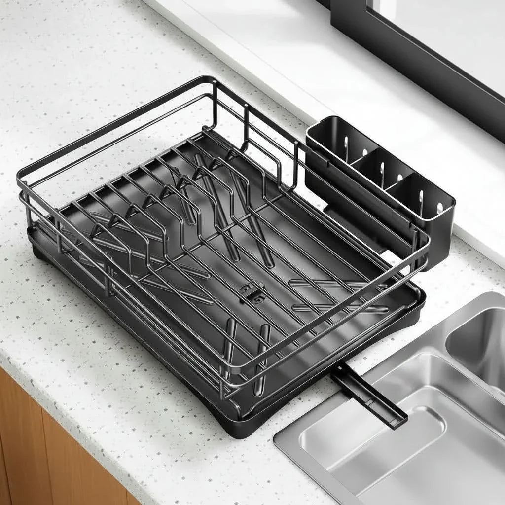 Countertop Dish Rack with Drain Tray & Utensil Holder – Space-Saving Kitchen Organizer for Plates, Bowls & Cutlery | Thomler