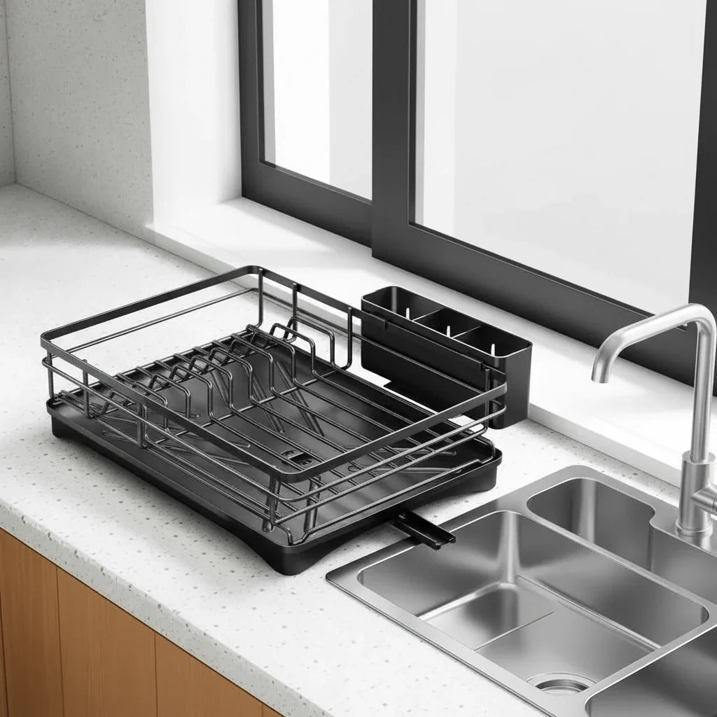 Countertop Dish Drying Rack with Drain Tray & Cutlery Caddy – Steel & Plastic for Kitchen Sink Organization | Thomler