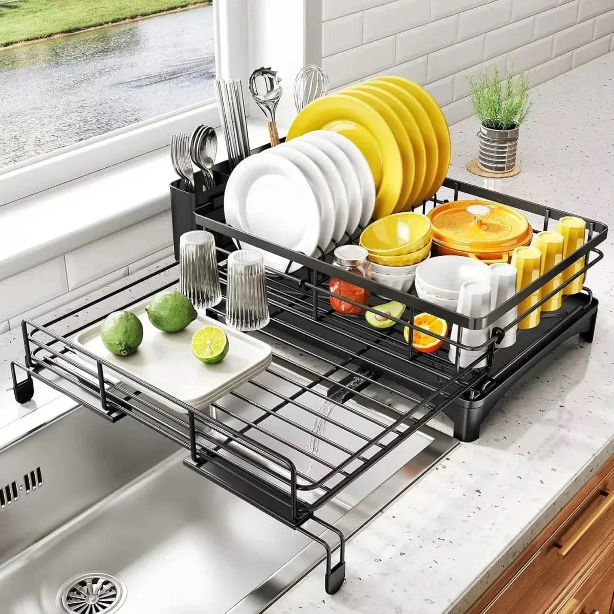 Countertop Dish Rack with Drain Tray & Utensil Holder – Space-Saving Kitchen Organizer for Plates, Bowls & Cutlery | Thomler