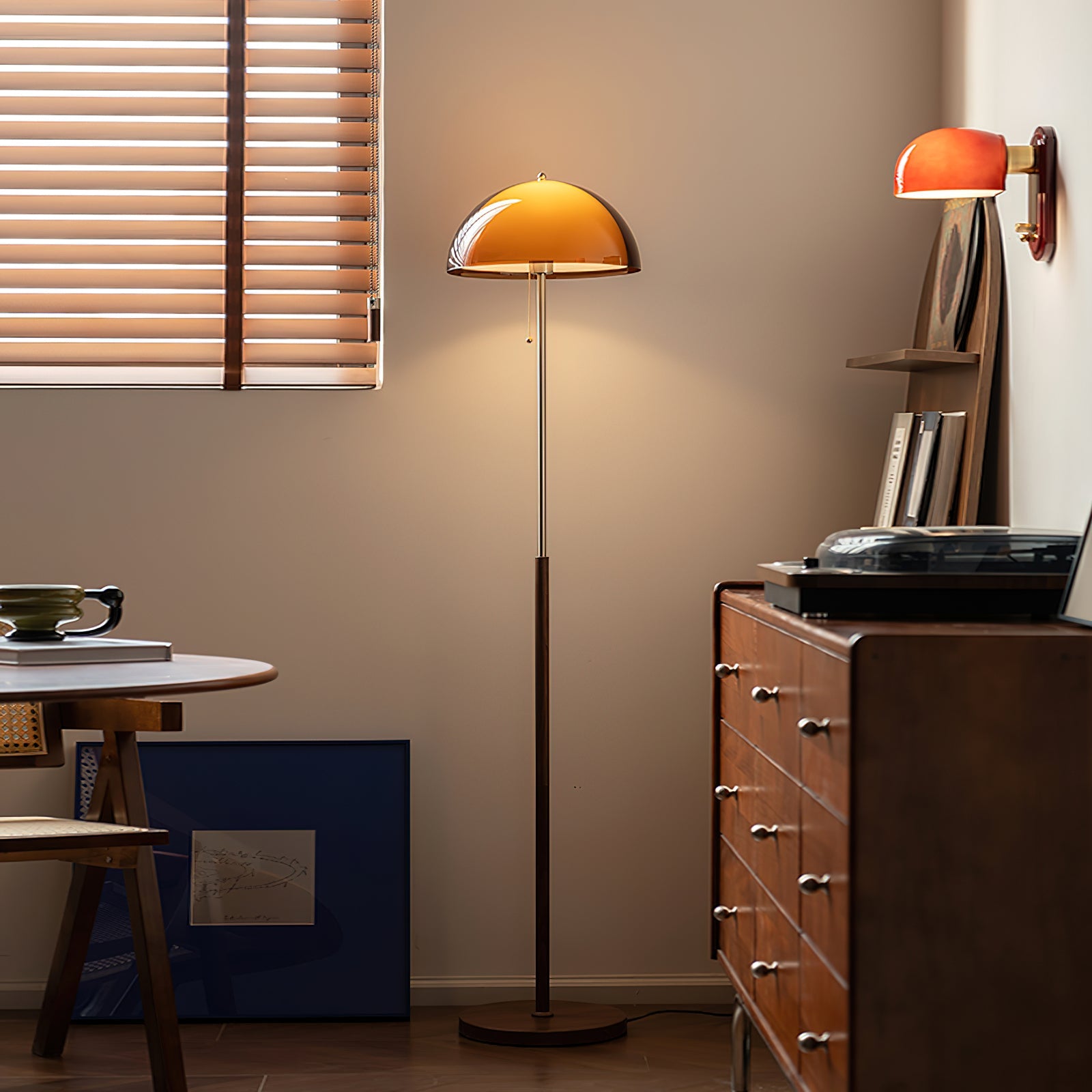 Floor Lamp Wood 60.2 in Amber Acrylic Shade Walnut Color Living Room Bedroom Accent Lighting Retro Modern Pull Chain | Thomler