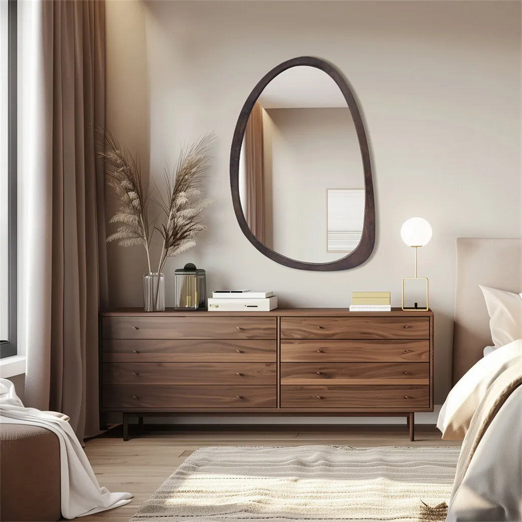 Wall Mirror Rubberwood 50.0 cm x 70.0 cm Black Walnut Japandi Bedroom Hallway Organic Asymmetrical Decorative Mirror | Thomler