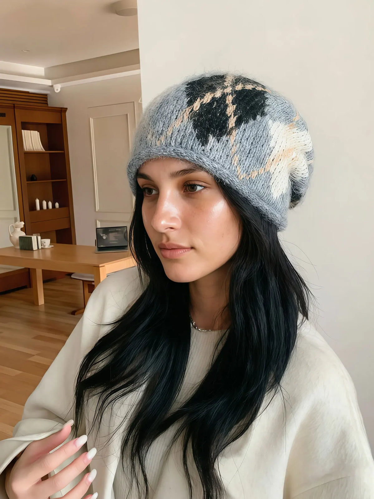 Diamond Knit Beanie Hat with Ear Flaps for Cold Weather – Unisex Checkered Winter Cap for Men & Women | Thomler