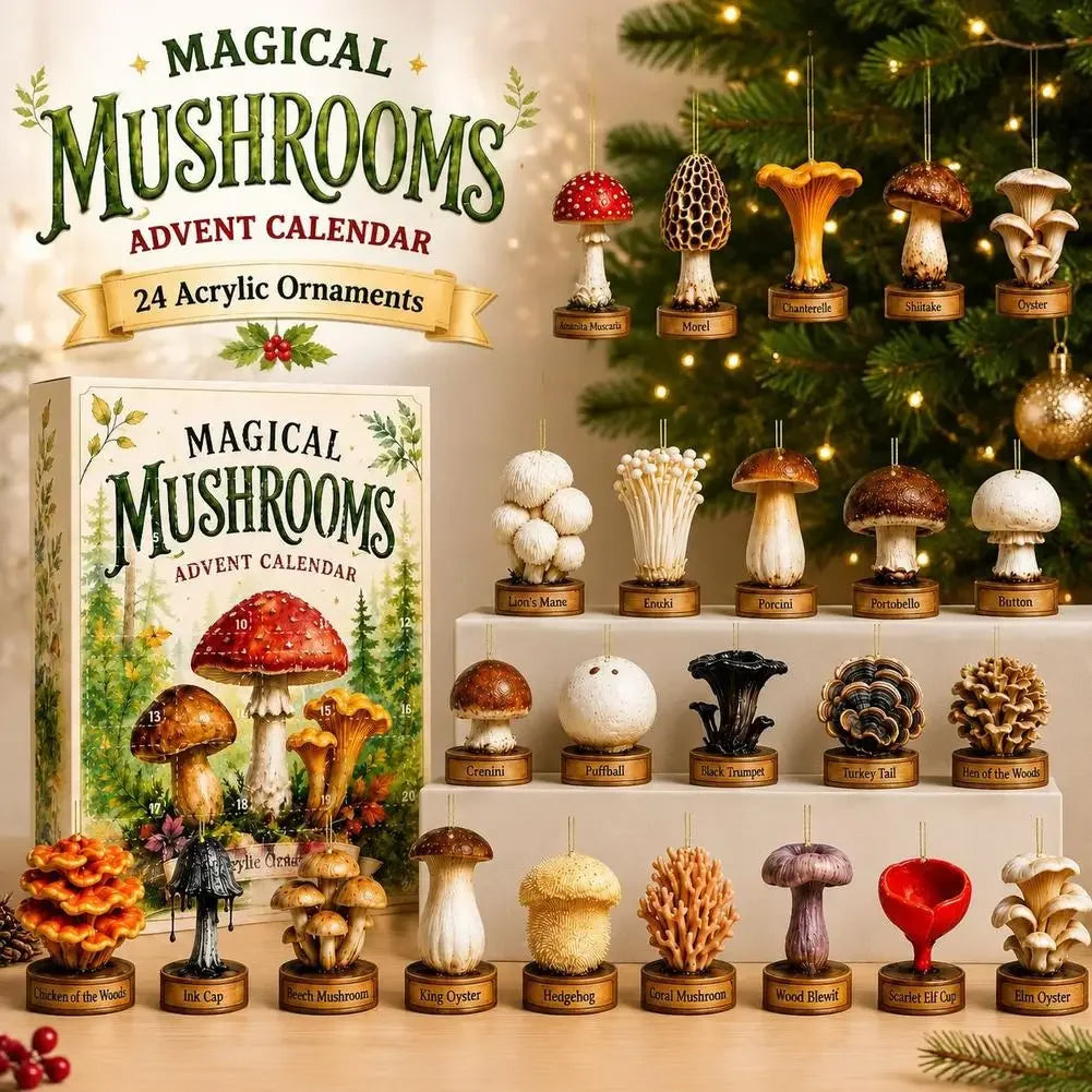 Holiday Charm Collection Box with 24 Surprise Acrylic Ornaments | Daily Reveal Calendar with Retro Mushroom Design Keychains for Christmas | Thomler