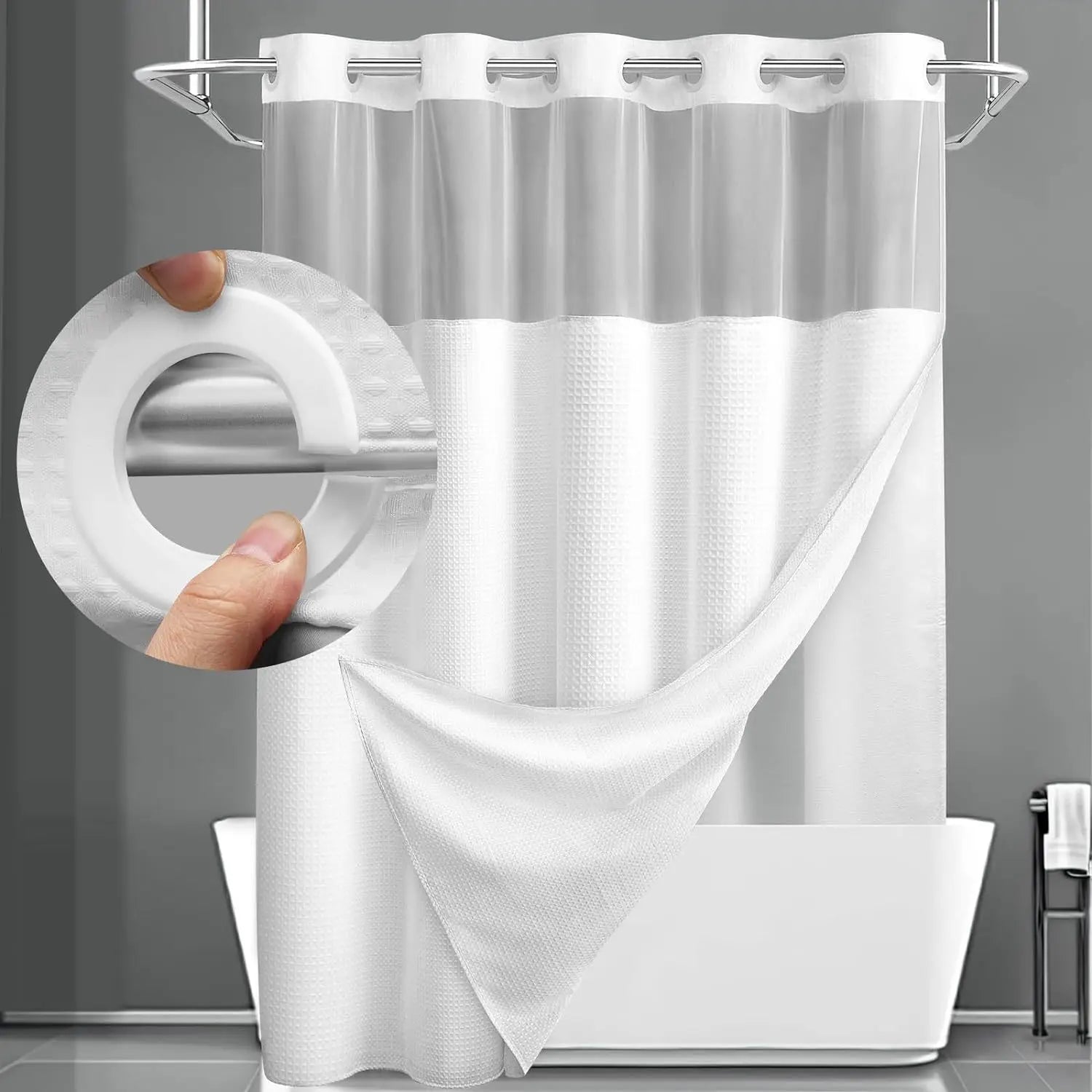 Hookless Shower Curtain with Built-In Snap Liner Waffle Weave Polyester Bathroom Curtain Easy Install No Rings Needed Quick Change Design | Thomler